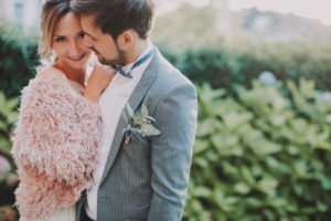 Bridal couple in love, smiling, half portrait,
