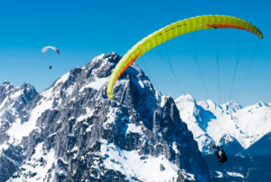 Paragliding in the Wetterstein Mountains, Garmisch Classicgebiet, Garmisch-Partenkirchen, Oberland, aerial view, Bavaria, Germany Paragliding in the Wetterstein Mountains, Garmisch Classicgebiet, Garmisch-Partenkirchen, Oberland, aerial view, Bavaria, Germany