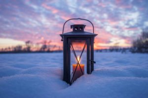 Germany, Lower Saxony, Brunswick, Riddagshausen, lantern in the snow in the evening Germany, Lower Saxony, Brunswick, Riddagshausen, lantern in the snow in the evening