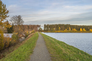 Germany, Lower Saxony, Clausthal-Zellerfeld, Dam and Hirschler Pond in fall
