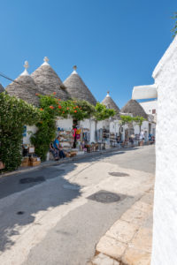 Alberobello, Bari province, Salento, Puglia, Italy, Europe. The typical trulli houses with their cone-shaped roof in the drywall style