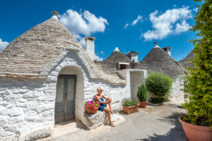 Alberobello, Bari province, Salento, Puglia, Italy, Europe. The typical trulli houses with their cone-shaped roof in the drywall style