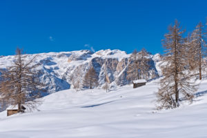 Hochabtei / Alta Badia, Provinz Bozen, Südtirol, Italien, Europa. Winter auf den Armentarawiesen. Im Hintergrund die die Gardenaccia-Hochfläche Hochabtei / Alta Badia, Provinz Bozen, Südtirol, Italien, Europa. Winter auf den Armentarawiesen. Im Hintergrund die die Gardenaccia-Hochfläche