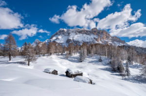 Hochabtei / Alta Badia, Provinz Bozen, Südtirol, Italien, Europa. Winter auf den Armentarawiesen. Im Hintergrund die Gipfel der Neunerspitze, Zehnerspitze und Heiligkreuzkofel Hochabtei / Alta Badia, Provinz Bozen, Südtirol, Italien, Europa. Winter auf den Armentarawiesen. Im Hintergrund die Gipfel der Neunerspitze, Zehnerspitze und Heiligkreuzkofel