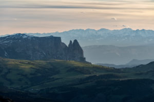 Gardena Pass, Bolzano Province, South Tyrol, Italy. View at sunset from the summit of the Großer Cirspitze to the Seiser Alm and the Schlern Gardena Pass, Bolzano Province, South Tyrol, Italy. View at sunset from the summit of the Großer Cirspitze to the Seiser Alm and the Schlern