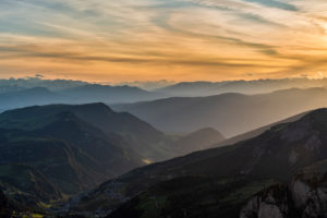Gardena Pass, Bolzano Province, South Tyrol, Italy. View at sunset from the summit of the Großer Cirspitze down into the Val Gardena valley Gardena Pass, Bolzano Province, South Tyrol, Italy. View at sunset from the summit of the Großer Cirspitze down into the Val Gardena valley