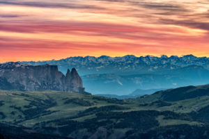 Gardena Pass, Bolzano Province, South Tyrol, Italy. View at sunset from the summit of the Großer Cirspitze to the Seiser Alm and the Schlern Gardena Pass, Bolzano Province, South Tyrol, Italy. View at sunset from the summit of the Großer Cirspitze to the Seiser Alm and the Schlern