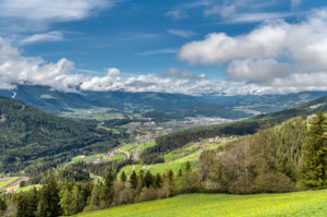 Percha, Bolzano province, South Tyrol, Italy. View of the village of Percha and the city of Bruneck in the background Percha, Bolzano province, South Tyrol, Italy. View of the village of Percha and the city of Bruneck in the background