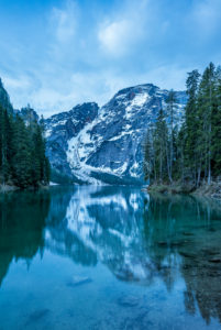 Braies, Dolomites, Bolzano Province, South Tyrol, Italy. Lake Braies with the Seekofel at the blue hour Braies, Dolomites, Bolzano Province, South Tyrol, Italy. Lake Braies with the Seekofel at the blue hour