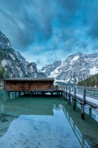 Braies, Dolomites, Bolzano Province, South Tyrol, Italy. Lake Braies with the Seekofel at the blue hour Braies, Dolomites, Bolzano Province, South Tyrol, Italy. Lake Braies with the Seekofel at the blue hour