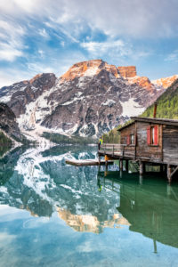 Braies, Dolomites, Bolzano Province, South Tyrol, Italy. Lake Braies with the Seekofel at sunrise Braies, Dolomites, Bolzano Province, South Tyrol, Italy. Lake Braies with the Seekofel at sunrise