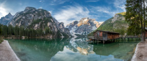 Braies, Dolomites, Bolzano Province, South Tyrol, Italy. Lake Braies with the Seekofel at sunrise Braies, Dolomites, Bolzano Province, South Tyrol, Italy. Lake Braies with the Seekofel at sunrise