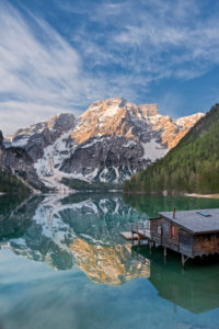 Braies, Dolomites, Bolzano Province, South Tyrol, Italy. Lake Braies with the Seekofel at sunrise Braies, Dolomites, Bolzano Province, South Tyrol, Italy. Lake Braies with the Seekofel at sunrise