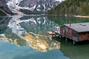 Braies, Dolomites, Bolzano Province, South Tyrol, Italy. Lake Braies with the Seekofel at sunrise Braies, Dolomites, Bolzano Province, South Tyrol, Italy. Lake Braies with the Seekofel at sunrise