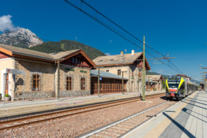 Toblach, South Tyrol, Bolzano province, Italy. A flirt train of the Puster Valley Railway in Toblach station Toblach, South Tyrol, Bolzano province, Italy. A flirt train of the Puster Valley Railway in Toblach station