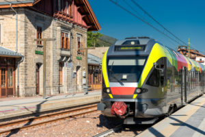 Toblach, South Tyrol, Bolzano province, Italy. A flirt train of the Puster Valley Railway in Toblach station Toblach, South Tyrol, Bolzano province, Italy. A flirt train of the Puster Valley Railway in Toblach station