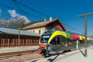 Toblach, South Tyrol, Bolzano province, Italy. A flirt train of the Puster Valley Railway in Toblach station Toblach, South Tyrol, Bolzano province, Italy. A flirt train of the Puster Valley Railway in Toblach station