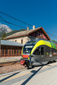 Toblach, South Tyrol, Bolzano province, Italy. A flirt train of the Puster Valley Railway in Toblach station Toblach, South Tyrol, Bolzano province, Italy. A flirt train of the Puster Valley Railway in Toblach station