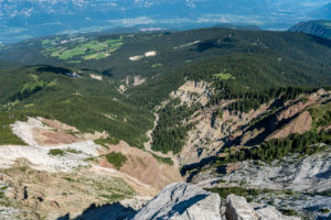 Aldein, Province of Bolzano, South Tyrol, Italy. Geoparc Bletterbach. View from the Aldeiner Weißhorn down to the Bletterbach Gorge Aldein, Province of Bolzano, South Tyrol, Italy. Geoparc Bletterbach. View from the Aldeiner Weißhorn down to the Bletterbach Gorge