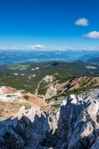 Aldein, Province of Bolzano, South Tyrol, Italy. Geoparc Bletterbach. View from the Aldeiner Weißhorn down to the Bletterbach Gorge Aldein, Province of Bolzano, South Tyrol, Italy. Geoparc Bletterbach. View from the Aldeiner Weißhorn down to the Bletterbach Gorge