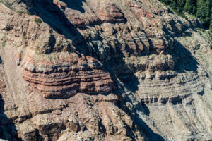 Aldein, Province of Bolzano, South Tyrol, Italy. Geoparc Bletterbach. Layers of rock in the Bletterbach Gorge Aldein, Province of Bolzano, South Tyrol, Italy. Geoparc Bletterbach. Layers of rock in the Bletterbach Gorge
