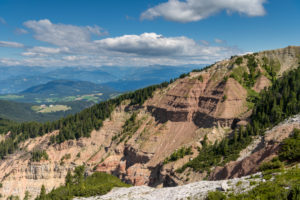 Aldein, Province of Bolzano, South Tyrol, Italy. Geoparc Bletterbach. View of the Gorz, the end of the Bletterbach Gorge Aldein, Province of Bolzano, South Tyrol, Italy. Geoparc Bletterbach. View of the Gorz, the end of the Bletterbach Gorge