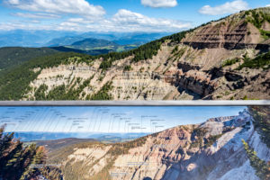 Aldein, Province of Bolzano, South Tyrol, Italy. Geoparc Bletterbach. A panorama board above the Gorz, the end of the Bletterbach gorge Aldein, Province of Bolzano, South Tyrol, Italy. Geoparc Bletterbach. A panorama board above the Gorz, the end of the Bletterbach gorge