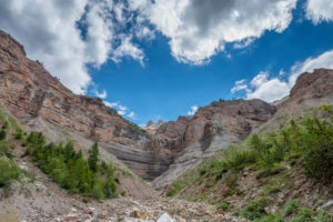 Aldein, Province of Bolzano, South Tyrol, Italy. Geoparc Bletterbach. The Gorz, the end of the Bletterbach Gorge Aldein, Province of Bolzano, South Tyrol, Italy. Geoparc Bletterbach. The Gorz, the end of the Bletterbach Gorge