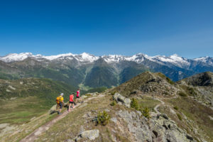 Sand in Taufers, Bolzano Province, South Tyrol, Italy. Hikers on the panorama trail in the Speikboden hiking area. In the background the Zillertal Alps with the peaks Hochfeiler, Weisszint, Grosser Möseler, Turnerkamp, Schwarzenstein and Grosser Löffler Sand in Taufers, Bolzano Province, South Tyrol, Italy. Hikers on the panorama trail in the Speikboden hiking area. In the background the Zillertal Alps with the peaks Hochfeiler, Weisszint, Grosser Möseler, Turnerkamp, Schwarzenstein and Grosser Löffler