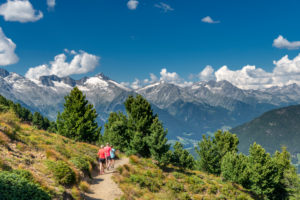 Sand in Taufers, Bolzano Province, South Tyrol, Italy. Hikers on the panorama trail in the Speikboden hiking area. In the background the Zillertal Alps with the peaks Grossen Löffler, Keilbachspitze and Wollbachspitze Sand in Taufers, Bolzano Province, South Tyrol, Italy. Hikers on the panorama trail in the Speikboden hiking area. In the background the Zillertal Alps with the peaks Grossen Löffler, Keilbachspitze and Wollbachspitze