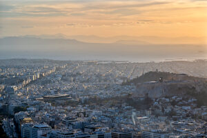 Athens, Greece, Europe. View of Athens with the Acropolis from Lycabettus Hill