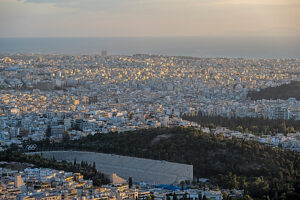 Athens, Greece, Europe. View of the Panathinaiko Stadium from Lycabettus Hill