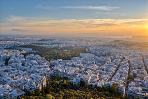 Athens, Greece, Europe. View of Athens with the Acropolis from Lycabettus Hill