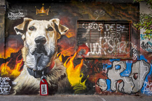 Athens, Greece. Street art in the Psirri (also Psiri or Psyri) district, pictured here is the famous street dog Loukanikos