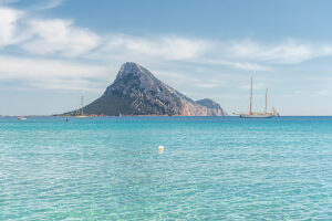 Loiri Porto San Paolo, Province of Olbia-Tempio, Sardinia, Italy, Europe. View from Porto Taverna to the island of Tavolara