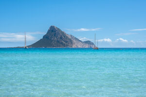 Loiri Porto San Paolo, Province of Olbia-Tempio, Sardinia, Italy, Europe. View from Porto Taverna to the island of Tavolara