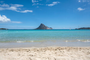 Loiri Porto San Paolo, Province of Olbia-Tempio, Sardinia, Italy, Europe. View from Porto Taverna to the island of Tavolara