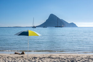 Loiri Porto San Paolo, Province of Olbia-Tempio, Sardinia, Italy, Europe. View from Porto Taverna to the island of Tavolara
