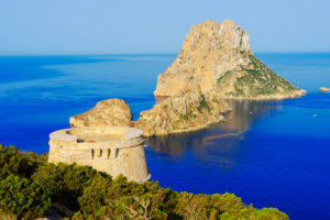 Torre des Savinar and Es Vedra Islets in background, Ibiza, Balearic Islands, Spain, Torre des Savinar and Es Vedra Islets in background, Ibiza, Balearic Islands, Spain,