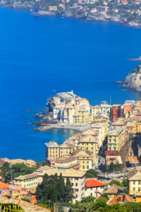 Elevated view of Camogli village and Gulf of Paradise, Camogli, Liguria, Italy, Europe Elevated view of Camogli village and Gulf of Paradise, Camogli, Liguria, Italy, Europe