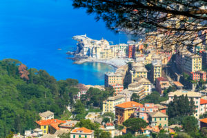 Elevated view of Camogli village and Gulf of Paradise, Camogli, Liguria, Italy, Europe Elevated view of Camogli village and Gulf of Paradise, Camogli, Liguria, Italy, Europe
