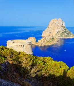 Torre des Savinar and Es Vedra Islets in background, Ibiza, Balearic Islands, Spain, Torre des Savinar and Es Vedra Islets in background, Ibiza, Balearic Islands, Spain,
