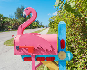 Pink Flamingo wooden mailbox, Fort Myers, Florida, USA