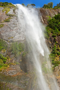 Waterfall at Milford Sound, Fiordland National Park, South Island, Southland, New Zealand