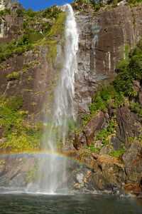 Waterfall at Milford Sound, Fiordland National Park, South Island, Southland, New Zealand