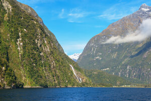 Waterfall at Milford Sound, Fiordland National Park, South Island, Southland, New Zealand
