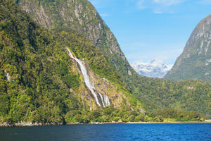 Waterfall at Milford Sound, Fiordland National Park, South Island, Southland, New Zealand