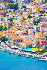 Gialos Harbour, high angle view, Symi Island, Dodecanese Islands, Greece