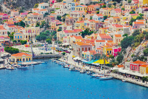 Gialos Harbour, high angle view, Symi Island, Dodecanese Islands, Greece