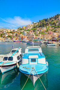 View of Gialos Harbour, Gialos, Symi Island, Dodecanese Islands, Greece